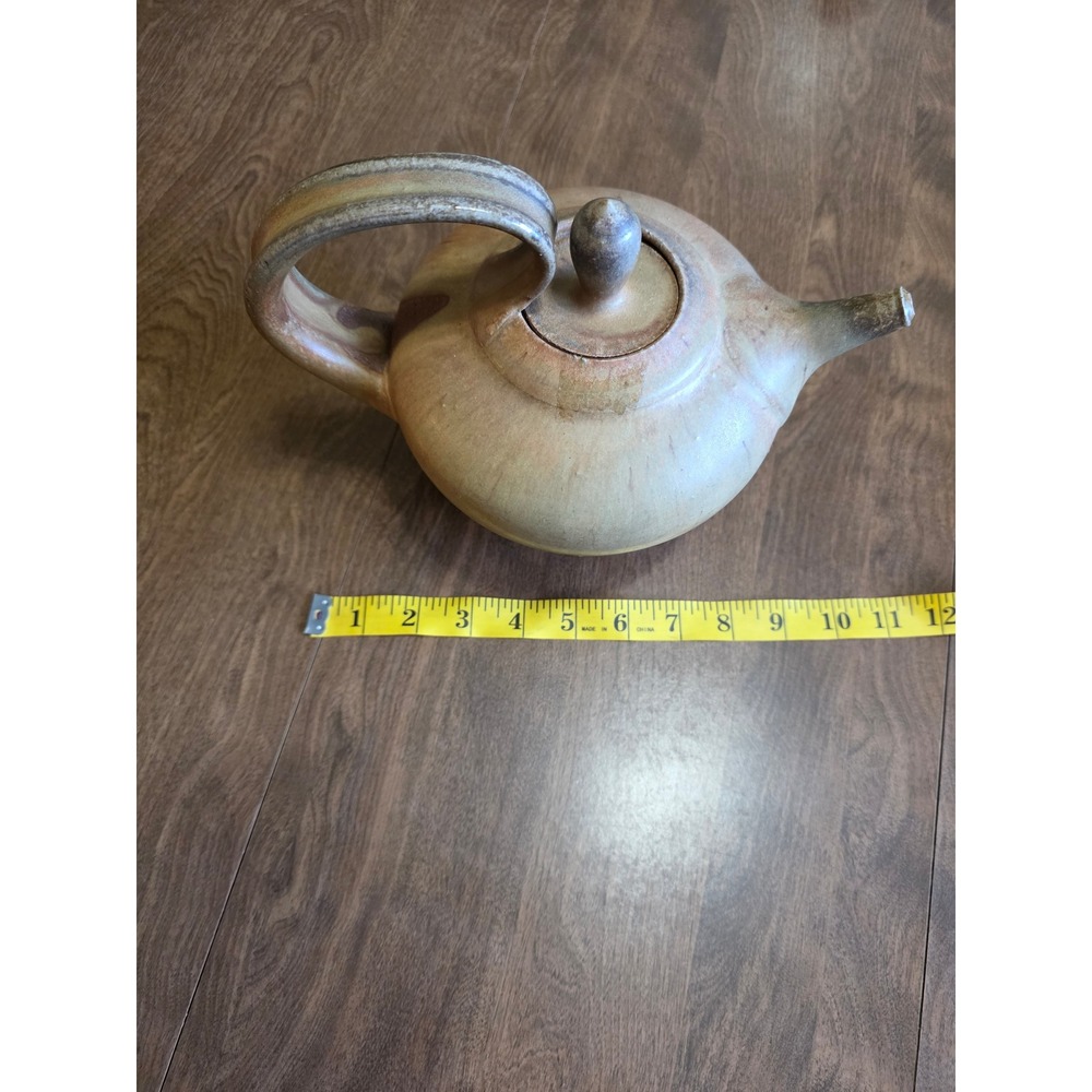 Handcrafted Studio Pottery Teapot Signed Earthy Tan Brown Glaze Bridge Handle - Picture 9 of 9